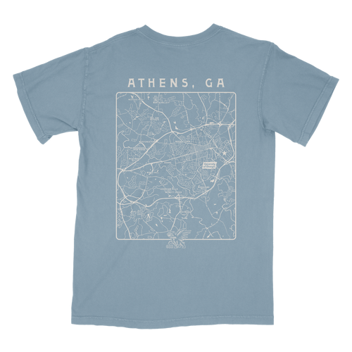 Blue t-shirt with a map of Athens, GA on the back